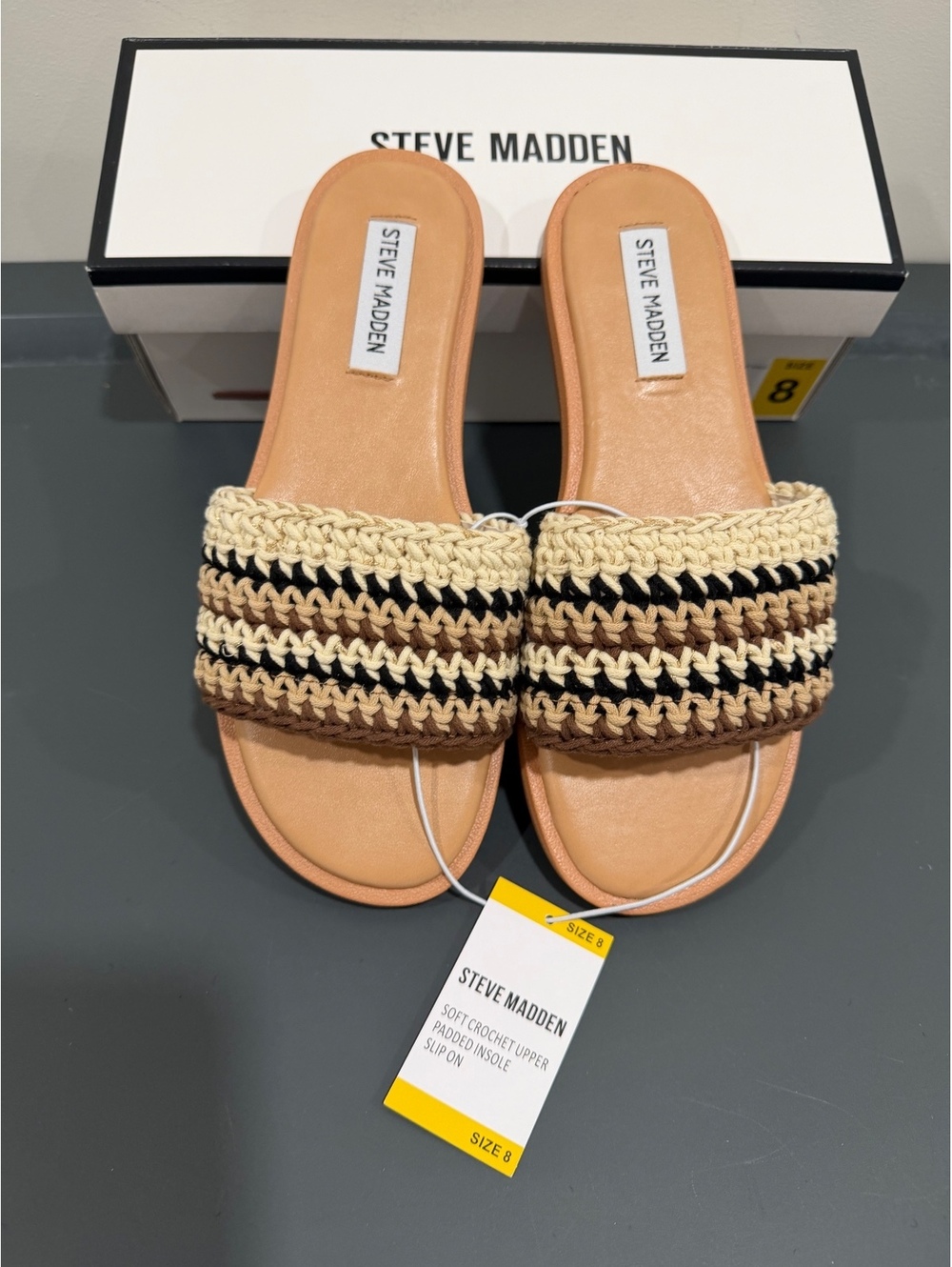 Steve Madden Tanyah Crochet Slide Sandals Nat Multi NWT Box Women’s Size 9
